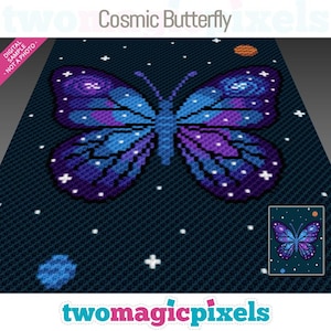 May include: A digital design showing a pixelated butterfly with blue and purple wings on a dark blue background with white stars. The text "Cosmic Butterfly" is at the top, and the logo "two magic pixels" is at the bottom.