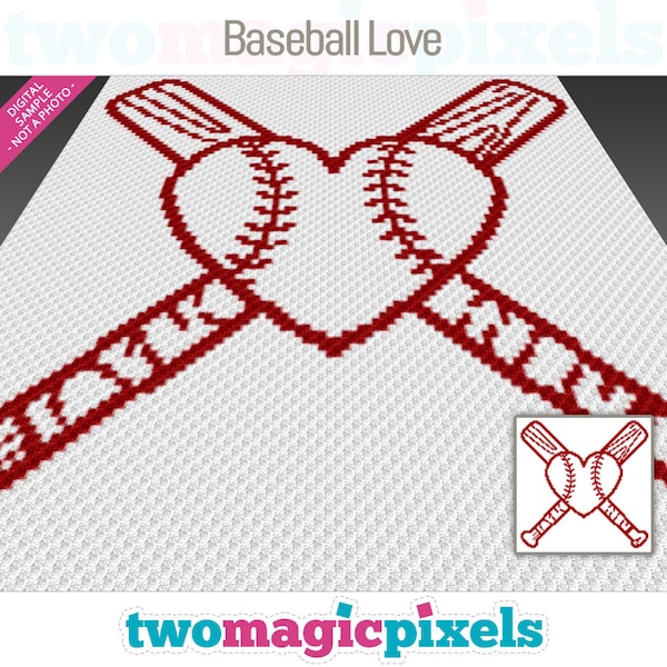 Baseball Love crochet graph cross stitch; (c2c, mini c2c, sc, hdc, dc, tss); knitting; PDF download, no counts/ instructions