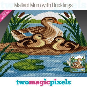 May include: A pixel art pattern titled Mallard Mum with Ducklings featuring a brown mallard duck and two ducklings on a brown bank, surrounded by green reeds, blue water, and lily pads. The design includes a small preview image in the corner.