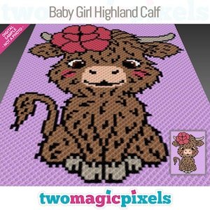 May include: A crochet pattern of a baby Highland calf with a pink flower on its head. The calf is sitting down with its legs crossed. The background is purple.