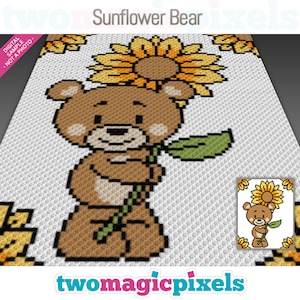 May include: A brown bear holding a yellow sunflower with green leaves. The bear is standing on a white background with a pattern of yellow sunflowers.