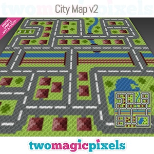 Puede incluir: Un diseño de mapa de ciudad pixelado con un río, carreteras y edificios. El mapa está hecho de cuadrados verdes, marrones y grises. El texto "City Map v2" está en la parte superior de la imagen.