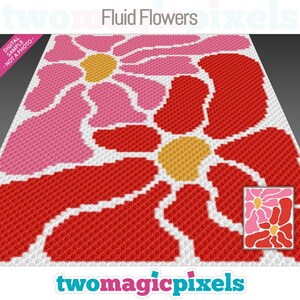 May include: A digital design featuring a floral pattern with a retro aesthetic. The design showcases large flowers in shades of pink, red, and yellow against a white background. The text "Fluid Flowers" and "two magic pixels" are visible.