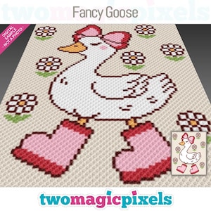 May include: A white goose wearing pink boots and a pink bow, standing on a beige background with white daisies. The text "Fancy Goose" is at the top of the image.