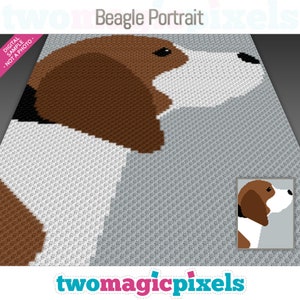 May include: A digital pattern for crocheting a Beagle dog portrait. The pattern is in a pixelated style, with brown, white, and black squares. The pattern is for a side profile of the dog, with its head tilted slightly to the side.