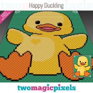 Może przedstawiać: Wzór pikselowy przedstawiający żółte kaczątko z pomarańczowymi łapkami na zielonym tle. Wzór jest oznaczony jako "Happy Duckling".