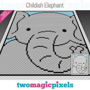 May include: A pixel art pattern of a cartoon elephant with a light blue background. The pattern is in black and white and is suitable for cross-stitch or other pixel art projects.