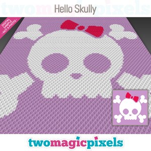 May include: A crochet pattern for a skull with a pink bow. The pattern is on a purple background and includes a smaller version of the skull in the bottom right corner. The text "Hello Skully" is at the top of the pattern.
