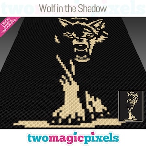 May include: A black and white pixel art image of a wolf howling at the moon. The wolf is in a standing position with its head tilted back and its mouth open. The image is titled "Wolf in the Shadow".