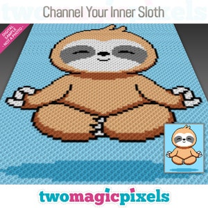 Puede incluir: Un patrón de crochet digital que presenta un perezoso de dibujos animados meditando en una postura de loto. El perezoso es marrón con una barriga blanca y ojos grises. El fondo es de color azul claro. El patrón se titula "Channel Your Inner Sloth".