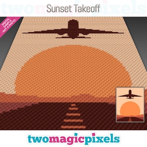 Könnte beinhalten: Ein Häkelmuster mit der Silhouette eines Flugzeugs, das vor einem Sonnenuntergang abhebt. Das Muster enthält eine große orange Sonne, braune Hügel und eine Landebahn mit Stufen, die zu ihr führen. Der Text "Sunset Takeoff" befindet sich oben auf dem Muster.