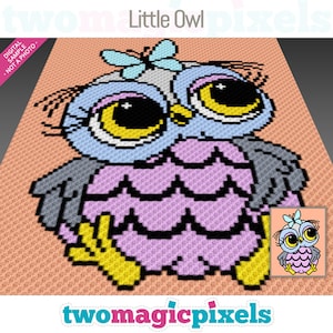May include: A pixel art pattern of a cute cartoon owl with big eyes, a purple body, and a blue butterfly on its head. The owl is sitting on a peach-colored background. The pattern is labeled "Little Owl" and "twomagicpixels".