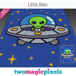 May include: A pixel art crochet pattern of a green alien in a flying saucer against a blue background with yellow stars. The pattern is titled "Little Alien".