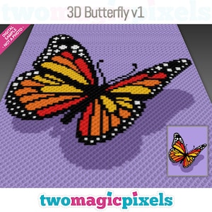 Può includere: Uno schema di uncinetto 3D di una farfalla con ali arancioni, gialle e nere. La farfalla è su uno sfondo viola. Lo schema si chiama "3D Butterfly v1" ed è di "twomagicpixels".
