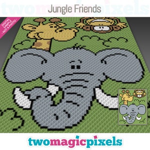 May include: A pixel art pattern featuring a gray elephant, a yellow giraffe, and a brown monkey. The animals are set against a green background. The title "Jungle Friends" is at the top of the image.