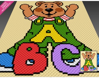 ABC Bear szydełkowy wykres krzyżykowy; (c2c, mini c2c, sc, hdc, dc, tss); robienie na drutach; pobieranie pliku PDF, bez liczenia/instrukcji