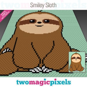 May include: A crochet pattern for a smiling sloth. The pattern is in a pixelated style and shows a brown sloth with a white face and a green background.