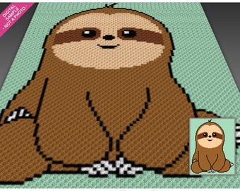 Smiley Sloth crochet graph (c2c, mini c2c, sc, hdc, dc, tss), cross stitch, knitting; PDF download, no counts or instructions