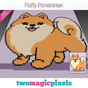 Puede incluir: Un patrón de arte de píxeles de un perro pomerania naranja y esponjoso con una expresión feliz. El perro está de pie sobre un fondo morado. El patrón está etiquetado como "Fluffy Pomeranian".