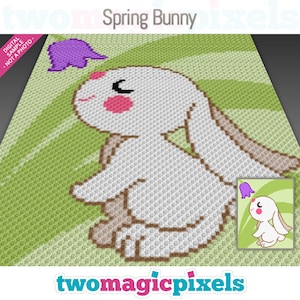 May include: A crochet pattern for a white bunny with pink cheeks and a purple butterfly. The bunny is sitting on a green background with a striped pattern. The pattern is called "Spring Bunny".