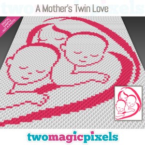Puede incluir: Un patrón de crochet rosa y blanco que representa a una madre sosteniendo dos bebés en forma de corazón. El texto "A Mother's Twin Love" está en la parte superior de la imagen. El texto "twomagicpixels" está en la parte inferior de la imagen.