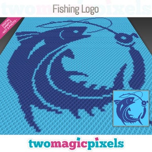 May include: A pixel art design of a blue fish being caught on a hook. The design is on a light blue background. The text "Fishing Logo" is at the top of the design. The text "twomagicpixels" is at the bottom of the design.