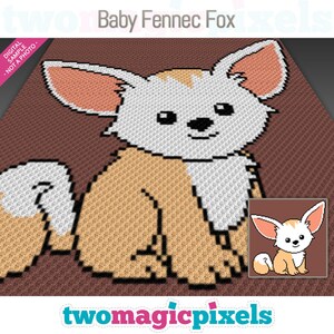 May include: A digital crochet pattern for a baby Fennec fox. The pattern is in a cartoon style and features a white fox with brown ears and a brown tail. The fox is sitting on a brown background.
