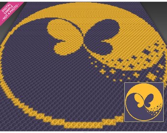 May include: A crochet pattern featuring a yin yang symbol with a butterfly design in yellow and purple. The pattern is titled "Magic Yin Yang Butterfly".