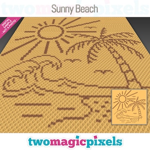 May include: A digital crochet pattern for a sunny beach scene with a palm tree, sun, and waves. The pattern is in brown and yellow colors. The text "Sunny Beach" is at the top of the image. The text "twomagicpixels" is at the bottom of the image.