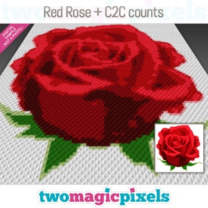 Red Rose crochet graph + C2C row-by-row counts; instant PDF download