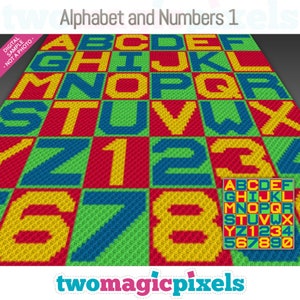 Könnte beinhalten: Ein Häkelmuster für eine bunte Alphabet- und Zahlen-Decke. Die Decke besteht aus Quadraten aus rotem, grünem, blauem und gelbem Garn. Die Buchstaben und Zahlen sind aus gelbem Garn. Das Muster umfasst das Alphabet und die Zahlen 1 bis 9.