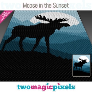 Moose in the Sunset crochet graph (c2c, mini c2c, sc, hdc, dc, tss), cross stitch, knitting; PDF download, no counts or instructions