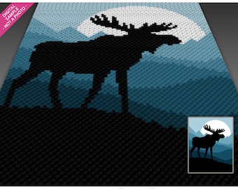 May include: A black silhouette of a moose standing on a hill with a white moon in the background. The sky is a gradient of blue and the hills are a gradient of blue and black. The image is a pixelated design.