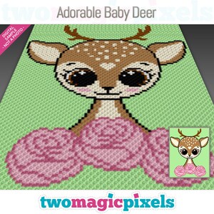 May include: A crochet pattern featuring a cute baby deer with big eyes, wearing a pink flower crown. The deer is surrounded by pink flowers on a green background. The pattern is called "Adorable Baby Deer".