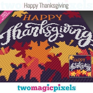 Puede incluir: Un patrón de crochet para una manta con temática de Acción de Gracias con las palabras "Happy Thanksgiving" en letras blancas sobre un fondo morado con un diseño de hojas naranjas, amarillas y rojas.