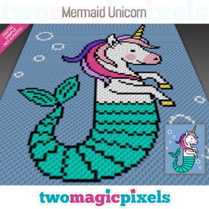 May include: A pixel art pattern of a mermaid unicorn with a white body, pink and purple mane, a turquoise tail, and a yellow horn. The unicorn is swimming in a blue ocean with white bubbles.