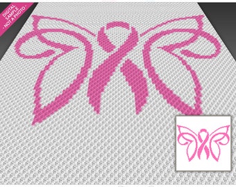 Pink Ribbon Butterfly 1 crochet graph cross stitch; (c2c, mini c2c, sc, hdc, dc, tss); knitting; PDF download, no counts/ instructions