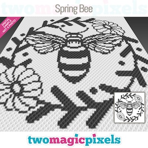 May include: Black and white pixel art design of a bee with wings, surrounded by flowers and leaves. The text "Spring Bee" is at the top of the image.