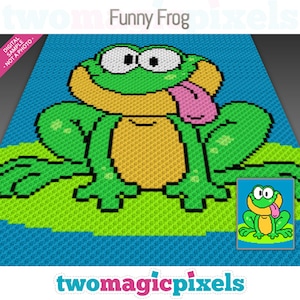 May include: A pixel art pattern of a green frog with a yellow belly and a pink tongue sticking out. The frog is sitting on a green lily pad with a blue background. The pattern is labeled "Funny Frog".