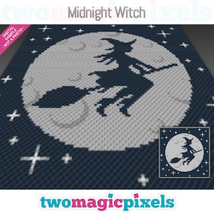 Könnte beinhalten: Dunkelblaues und graues Häkelmuster mit einer Hexe auf einem Besen vor einem Vollmond. Die Worte "Midnight Witch" stehen oben. Das Design beinhaltet Sterne und eine kleinere Version des Musters.