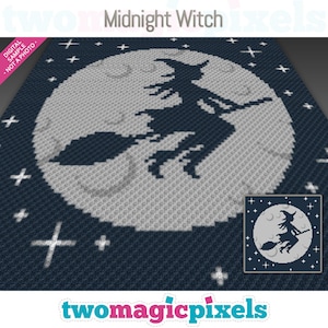 Midnight Witch crochet graph cross stitch; (c2c, mini c2c, sc, hdc, dc, tss); knitting; PDF download, no counts/ instructions