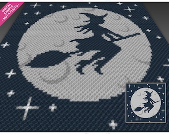 May include: A dark blue and gray crochet pattern featuring a witch on a broomstick silhouetted against a full moon. The words "Midnight Witch" are at the top. The design includes stars and a smaller version of the pattern.