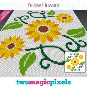 Op de afbeelding: Een haakpatroon met gele bloemen met groene bladeren en stelen op een witte achtergrond. Het patroon is getiteld "Yellow Flowers" en is een digitaal voorbeeld, geen foto.