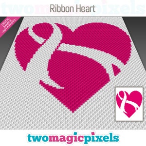 May include: A pink ribbon heart crochet pattern. The pattern is in the shape of a heart with a pink ribbon in the center. The pattern is on a white background. The text "Ribbon Heart" is at the top of the image. The text "twomagicpixels" is at the bottom of the image.