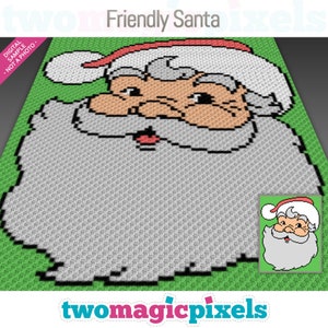 May include: A pixelated image of Santa Claus with a red hat and white beard. The image is on a green background and has the text "Friendly Santa" at the top.