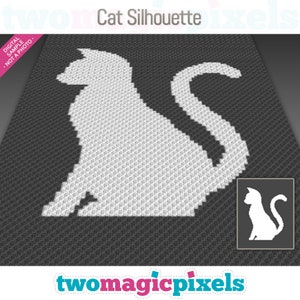 May include: A black and white pixel art image of a cat silhouette. The cat is sitting with its tail curled around its body. The image is on a dark gray background.