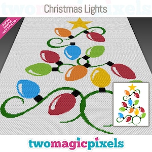 May include: A crochet pattern for a Christmas tree with colorful lights. The pattern is in the shape of a tree with a star on top and lights in various colors, including red, green, blue, yellow, and orange.