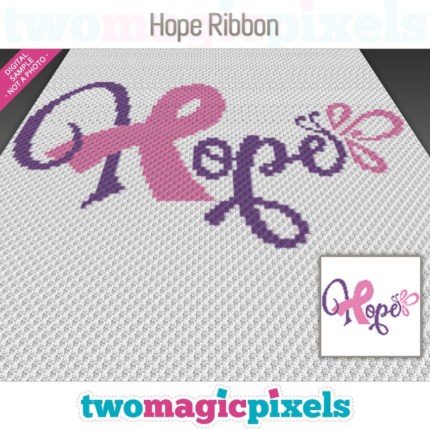 Hope Ribbon crochet graph cross stitch; (c2c, mini c2c, sc, hdc, dc, tss); knitting; PDF download, no counts/ instructions