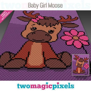 Baby Girl Moose crochet graph (c2c, mini c2c, sc, hdc, dc, tss), cross stitch, knitting; PDF download, no counts or instructions