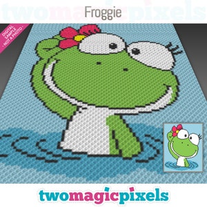 May include: A pixelated green frog with a pink flower on its head, wearing a white outfit, and set against a blue water background. The word "Froggie" is at the top. A smaller image of the frog is in the lower right corner.